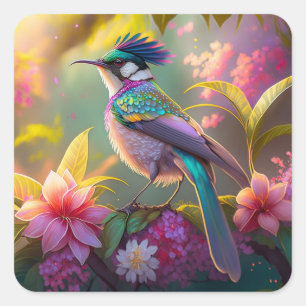 Sticker Carré Oiseau fantastique à ailes arc-en-ciel et crête bl