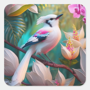 Sticker Carré Oiseau Fantastique à Crête Blanche et Poitrine Ros