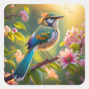 Sticker Carré Oiseau fantastique à tête verte et ailes de sarcel