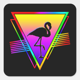 Sticker Carré Oiseau flamant rose moderne arc-en-ciel coloré rét