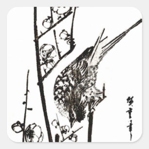 Sticker Carré Oiseau japonais sur une branche - noir et blanc
