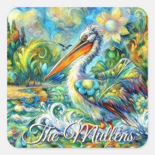 Sticker Carré Oiseau pélican au pays des merveilles Floral Perso