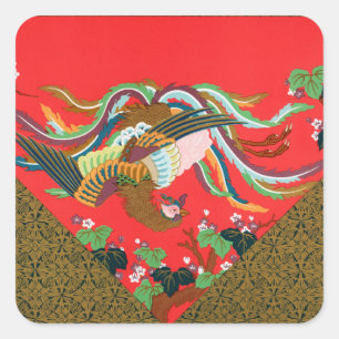 Sticker Carré Oiseau Phoenix Rouge Japonais Vintage Art G.A. Aud