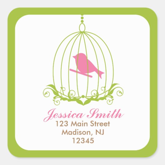 Sticker Carré Oiseau rose en cage (Devant)
