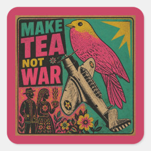 Sticker Carré Oiseau rose et avion vintage font du thé pas la gu