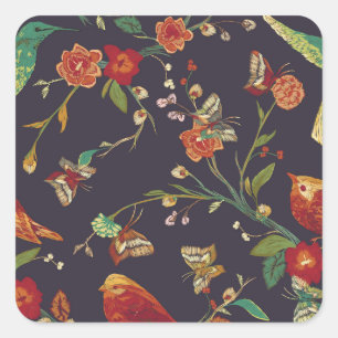 Sticker Carré Oiseau vintage, Papillon, Aquarelle de broderie.