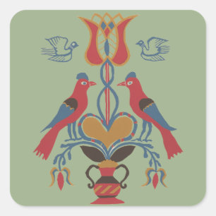 Sticker Carré Oiseaux Art Populaire Américain Vintage Fleur de C