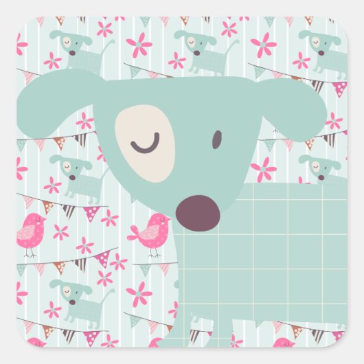 Sticker Carré Oiseaux, Chiens, Bannières, Fleurs (Devant)