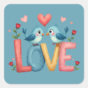 Sticker Carré Oiseaux de l'Amour Fantaisistes Art Pastel Cottage