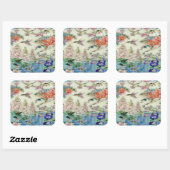 Sticker Carré Oiseaux de mer et fleurs vitraux en bois (Feuille)