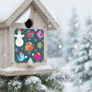 Sticker Carré Oiseaux d'hiver jouant dans la neige avec un bonho