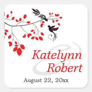 Sticker Carré Oiseaux élégants sur une branche Mariage rouge et