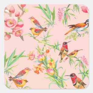 Sticker Carré Oiseaux exotiques : Vintage Floral Sans Seamless.