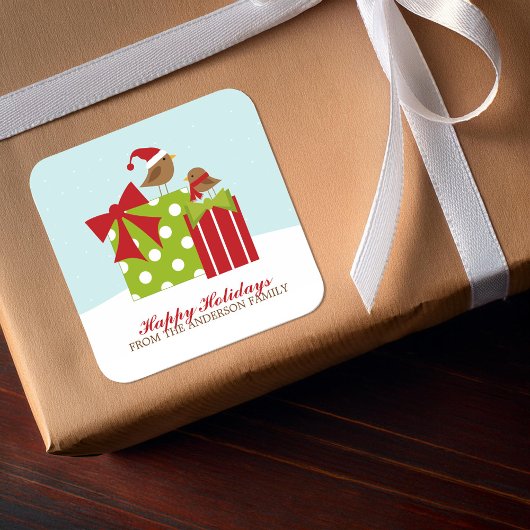 Sticker Carré Oiseaux mignons et cadeaux de Noël