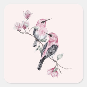 Sticker Carré Oiseaux roses et noirs sur une branche d'arbre