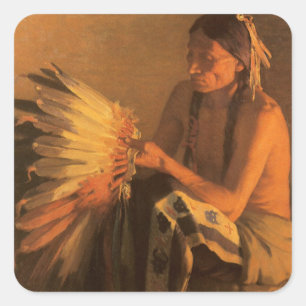 Sticker Carré Old War Bonnet par Joseph Henry Sharp