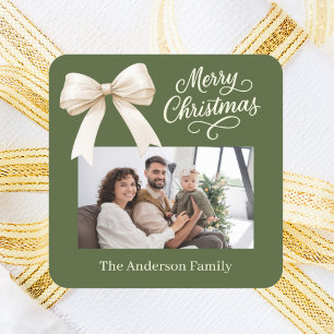 Sticker Carré Olive green cream bow photo script Noël