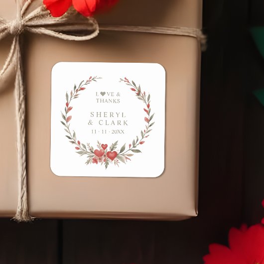 Sticker Carré Olive Green Floral Hearts Romantic Wedding Wreath