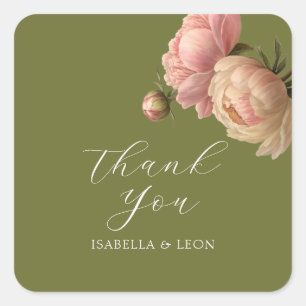 Sticker Carré Olive Green   Mariage de Rose de script blanc chic