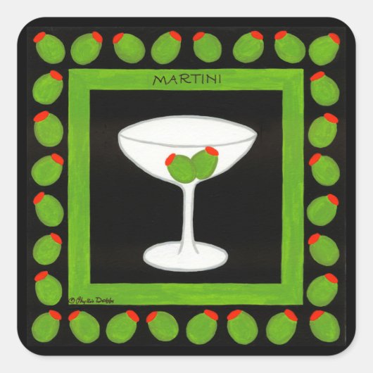 Sticker Carré Olive Martini Retro Boisson Art Vert et Noir (Devant)