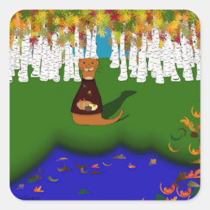 Sticker Carré Oliver la loutre au lac River Wolf en automne