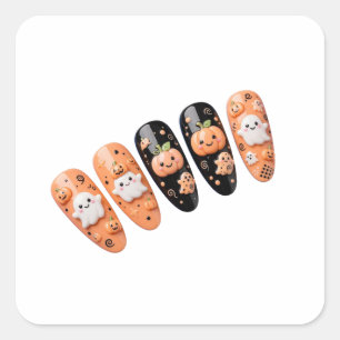 Sticker Carré Ongles Halloween Noir Orange - Fantôme Citrouille
