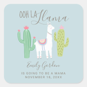 Sticker Carré Ooh La Llama Baby shower Cute Bleu Brown Simple