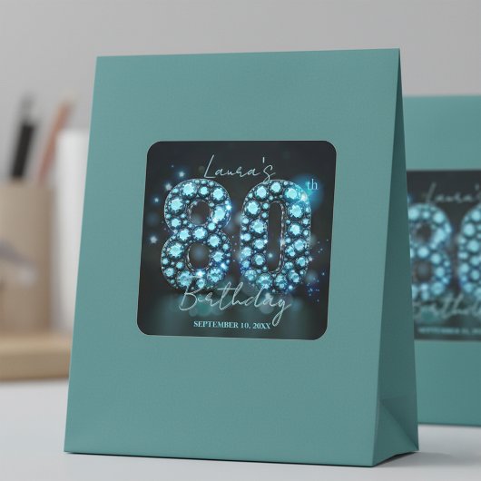 Sticker Carré Opulent Elegant Teal Blue Diamonds 80th Birthday