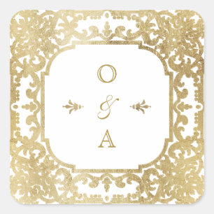 Sticker Carré Or élégant orné vintage mariage monogramme