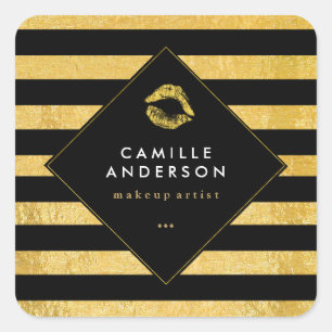 Sticker Carré Or moderne et rayures noires avec des lèvres d'or