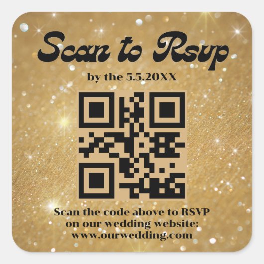 Sticker Carré or sparkles script rétro rsvp qr code mariage (Devant)