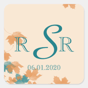 Sticker Carré Orange Aqua Automne Feuille d'érable Mariage Monog