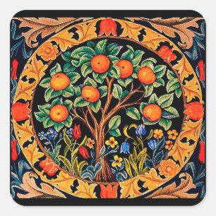 STICKER CARRÉ ORANGE ARBRE AVEC FEUILLES VERTS, FLEURS