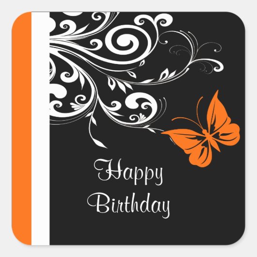 Sticker Carré Orange Butterly Tourne joyeusement Anniversaire (Devant)