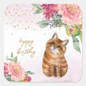 Sticker Carré Orange Cat Illustration Joyeux Anniversaire Fille (Devant)