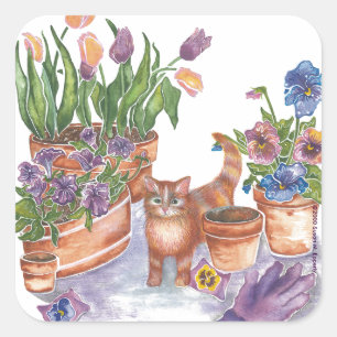 Sticker Carré Orange Cat Tulips Pansies Aquarelle "Archibald"