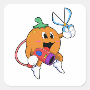 Sticker Carré Orange comme Coiffeur avec ciseaux et sèche-cheveu