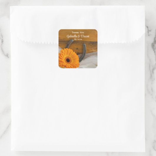 Sticker Carré Orange Daisy Horseshoe Mariage occidental Merci (Sac)