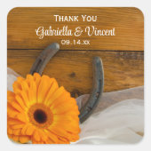 Sticker Carré Orange Daisy Horseshoe Mariage occidental Merci (Devant)
