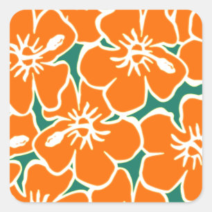 Sticker Carré Orange Hibiscus Fleurs Tropical Hawaiian Luau