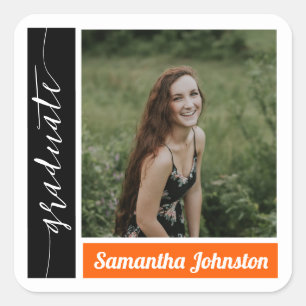 Sticker Carré Orange Modern Block Photo Graduation
