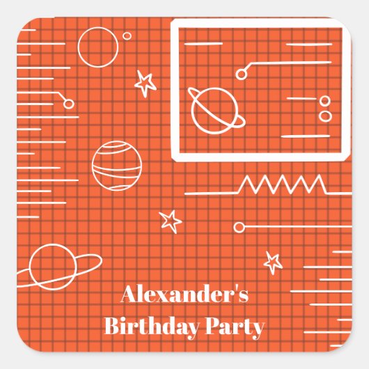 Sticker Carré Orange Ordinateur Écran Spacraft Planète et Star (Devant)