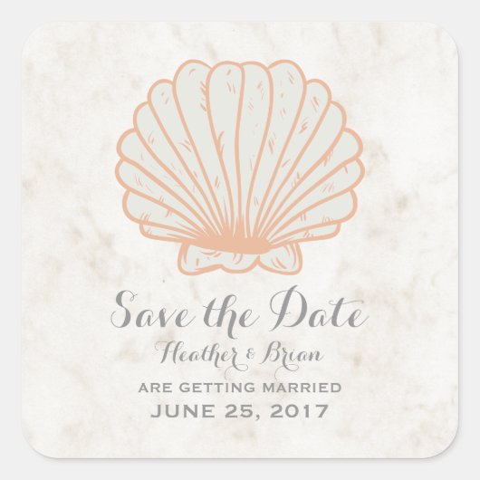 Sticker Carré Orange Rustic Seashell Enregistrer la date (Devant)