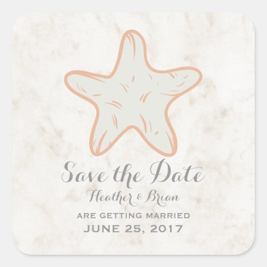 Sticker Carré Orange Rustic Starfish Enregistrer la date (Devant)