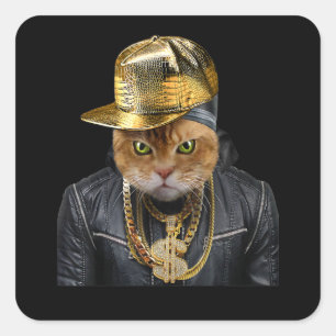 Sticker Carré Orange Tabby Cat Rapper Comme Artiste Hip hop