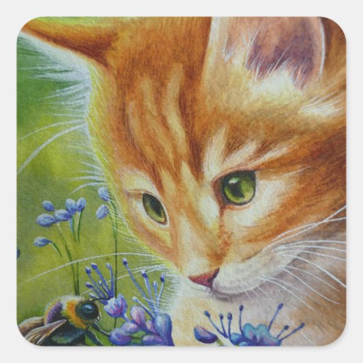 Sticker Carré Orange Tabby Kitten & Bumblebee Aquarelle Art (Devant)