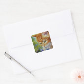 Sticker Carré Orange Tabby Kitten & Bumblebee Aquarelle Art (Enveloppe)