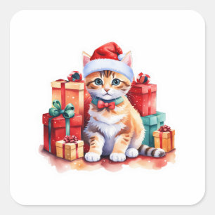 Sticker Carré Orange Tabby Père Noël Kitten, Cadeaux