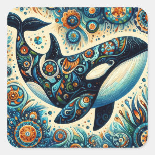 Sticker Carré Orca Killer Whale Floral Whimsical Plage nautique