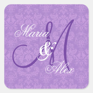 Sticker Carré Orchidée violet Mariage damassé Monogramme S530A